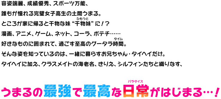 容姿端麗、成績優秀、スポーツ万能、誰もが憧れる完璧女子高生の土間うまる。ところが家に帰ると“干物妹”に！？漫画、アニメ、ゲーム、ネット、コーラ、ポテチ……好きなものに囲まれて、過ごす至高のグータラ時間。そんな姿を知っているのは、一緒に暮らすお兄ちゃん・タイヘイだけ。タイヘイに加え、クラスメイトの海老名ちゃん、きりえ、シルフィンたちと織りなす、うまるの最強で最高な日常がはじまる…！